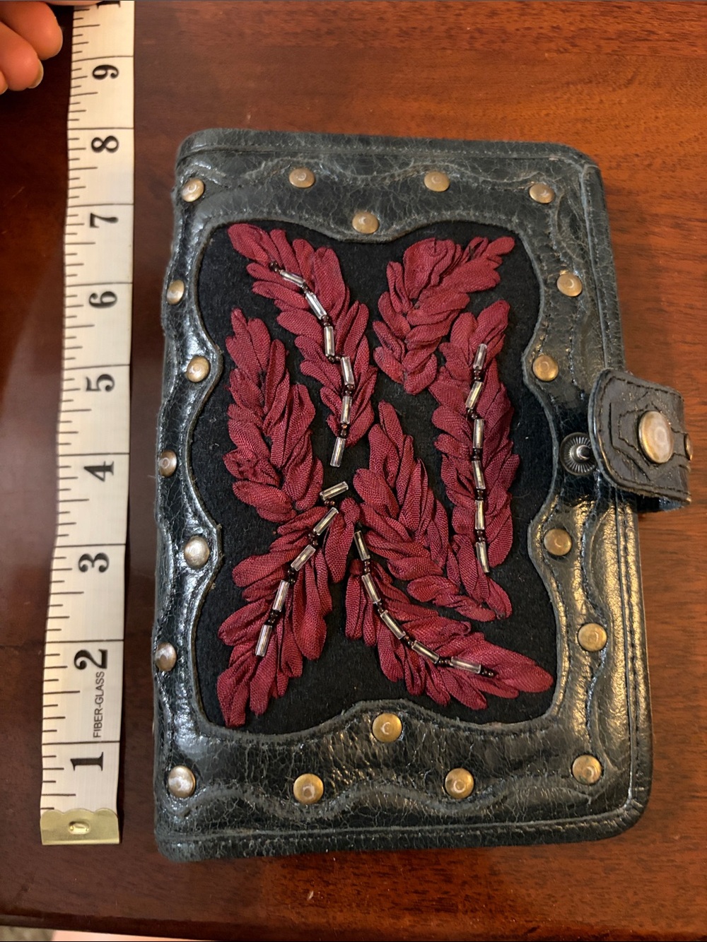 Black Leather Key, Card, Letter Holder wallet with Burgundy Embroidery & studs.